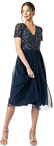 Maya Deluxe Women's Embellished Midi Evening Dress Ladies V Neckline with Short Sleeve for Prom Wedding Bridesmaid, Navy, 8