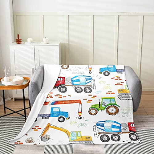 Cartoon-Bagger-Überwurfdecke für Kinder Jungen Mädchen Cartoon-Fahrzeuge Fleecedecke Kinderbaustelle Auto Flanelldecke Schlafzimmer Sofa Dekoration Bunte Traktor-LKW-Plüschdecke warm weich, 75 x 100