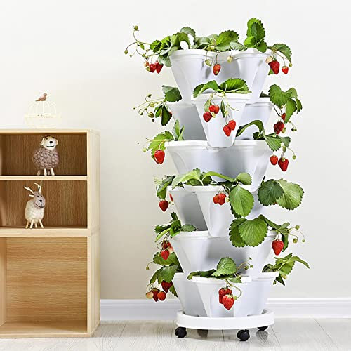 Kunststoff Stapelbar Blumentopf,Groß Erdbeerturm Hochbeet Pflanzturm Rund Pflanzkübel mit Plastik Untersetzer für Innen und Balkon Garten Terrasse Pflanzen wetterfestes Pflanzgefäß (A-Weiß)