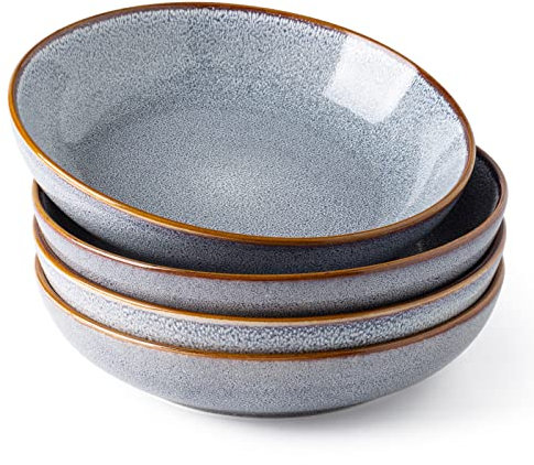 AmorArc 21,6 cm große Keramik-Nudelschalen-Set, 1020 ml, Steingut-Schüsseln, Set mit 4 Stück, für Küche, Reavtive Glasur-Schüsseln, Mikrowelle, spülmaschinenfest für Nudeln, Salat, Haferflockenblau