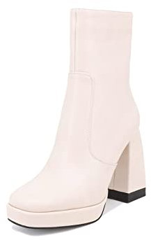 QUEEN HELENA Stivaletti con Zip Laterale Stivali Bassi con Tacco Tronchetti Invernali Casual Plateau Donna K2112 (K2112 Beige, Numeric_38)