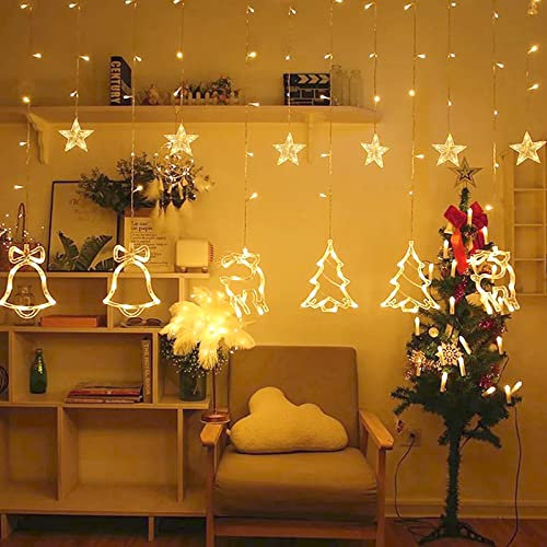 XMTECH LED Lichterkette Vorhang mit Sterne & Weihnachtsmuster 138 LED Lichtervorhang Warmweiß Weihnachtsbeleuchtung 8 Modi Stecker IP44, für Innen Außen Fenstern Partys Garten Weihnachtsdeko