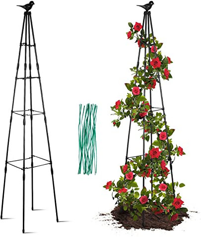 GROWNEER 160 cm Garten Obelisk Rankhilfe für Kletterpflanzen im Freien, Pflanzengitter für Topfpflanzen im Innenbereich, 4-stöckige Pflanzenstütze mit 20 Stück Kabelbindern, Tomatenkäfigturm, Schwarz