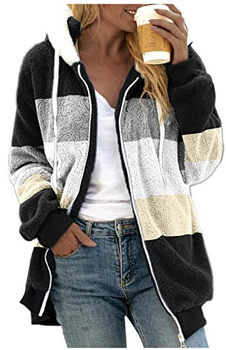 2023 Damen Verdickter Übermantel Einfarbig Spleißen Warm Winter Fleece Gefüttert Hoodie Schneemantel Jacke Outwear mit Reißverschluss Damen Snowboardjacke, Schwarz , 46
