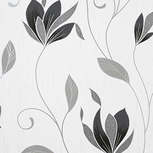 Synergy Floral Black White Luxury Vinyl Wallpaper - Textured Modern Contemporary Glitter Feature Wall