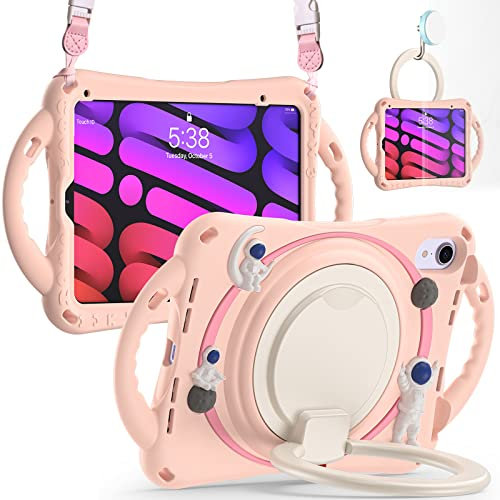 UFinetech iPad Mini 6 Case with 360° Rotating Handle Grip, Folding Handle, Kickstand, Shockproof, Stable Stand, Carrying Shoulder Strap - Space Astronaut Theme, Kids Friendly Protective Cover, Pink