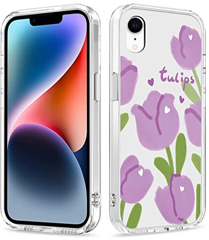 Galafu Case for iPhone XR, Clear Anti-Scratch TPU Silicone Slim Cover for Girls and Women, Transparent Cute Soft Bumper Shockproof Protective Cover for iPhone XR (6.1 inch), Purple Tulip