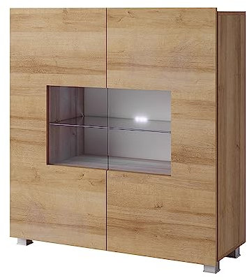 Lomadox Highboard mit Glasböden und Glasrahmentür in Eiche Gold Nb., B/H/T ca. 100/107/35 cm