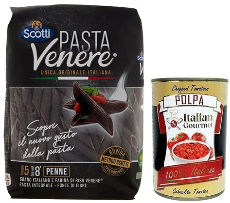 Italian Gourmet Pasta Venere Penne Rigate 1 x 400g Reisnudeln al dente | Semola di grano duro con farina integrale di riso nero, kochfest und, Gesamtnettogewicht 400 g + Kostenlos Polpa 400g
