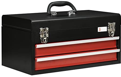 DURHAND Werkzeugkoffer leer, 46 x 24 x 22 cm Werkzeugkasten mit 2 Schubladen, oberes Staufach, Handgriff, Werkzeugkiste mit 2 Schloss, aus Stahl, Schwarz+Rot