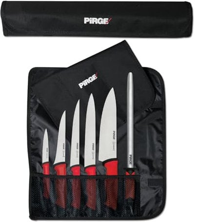 Pirge Duo Profi Messerset mit Tasche 7 Stück - Rutschfester Griff - Profi Kochmesser Set - Edelstahl Profi Küchenmesser Set - Messer Set Scharf für Köche