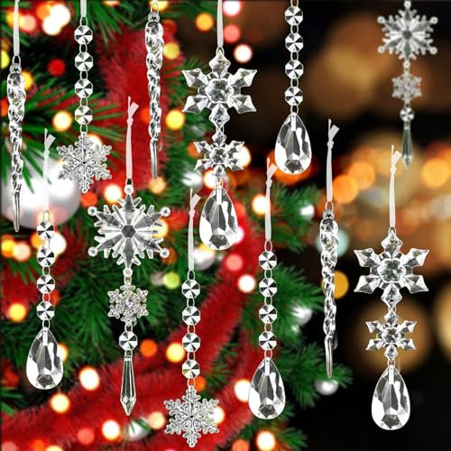 Jogoico Decorazione Natalizia Acrilico Fiocco di Neve Ghiaccioli Ornamenti Set 10 Pezzi, Ghiaccioli Albero di Natale, Fiocco di Neve Trasparenti Ciondolo in Cristallo Acrilico per la Festa
