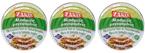 Zanae Bamies Okraschoten in Tomatensauce 3x 280g Dose - Spezialität aus Griechenland - inkl. 20ml Jassas Olivenöl