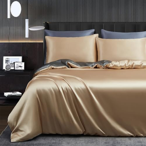 Sedefen Seide Bettwäsche 135x200cm Gold Grau Anthrazit Satin Seide Glanzsatin Uni Wendebettwäsche Set Luxus Glatt Glänzend 2Teilig Sommer Bettbezug mit Reißverschluss und Kissenbezug 80x80cm