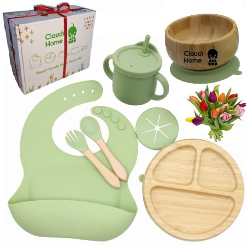 Conjunto de mesa para bebé. Babero de silicona, plato y bol de bambú natural, antibacterias con ventosa, cuchara y tenedor de silicona suave y blanda con mango de bambú. Caja de regalo. (Verde)