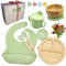 Conjunto de mesa para bebé. Babero de silicona, plato y bol de bambú natural, antibacterias con ventosa, cuchara y tenedor de silicona suave y blanda con mango de bambú. Caja de regalo. (Verde)