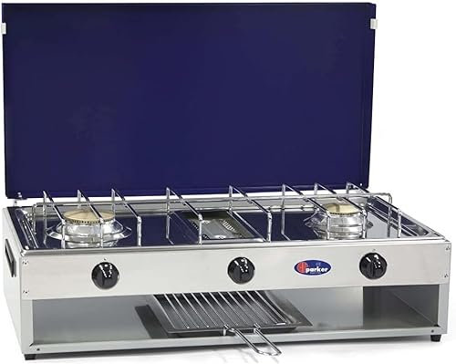 Parker srl Fornello a gas Metano 2 fuochi con grill inox con Valvola di Sicurezza per uso interno Cfparker mod 552RSGBm Colore Grigio Blu