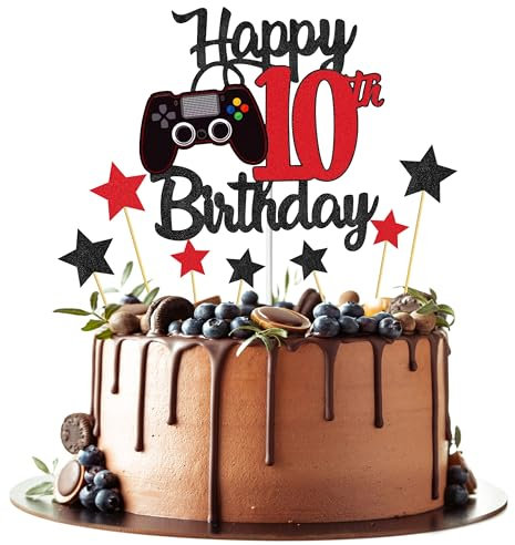 Joyeah Happy 10th Birthday Cake Topper Glitter Video Game Cake Pick Game On Cheers to 10 Years Cake Decoration for Game Theme Happy 10th Birthday Party Supplies Red