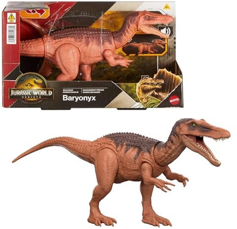 Mattel Jurassic World: Die Wiedergeburt Wild Roar Baryonyx Dinosaurierspielzeug mit steuerbarem Beiß-Angriff in mehrere Richtungen und Brüllgeräusch, digitale Spielmöglichkeiten, JGC79