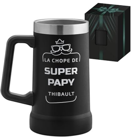 Maverton Verre a biere personnalisé 700 ml en Acier Inoxydable - Mug Isotherme avec Anse - pour Boissons Chaudes et Froides - Cadeau Personnalisé pour papy - cadeau grand pere Chope de papy