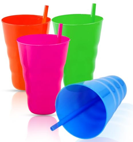 NCS35® Drinking Glasses Toddler Sippy Cup 4 Pcs Kids Coloured Plastic Tumblers with Built-in Straw No Spill, Dishwasher Safe Glassware for Water, Juice, Milk, Cocktail Baby (Multicolour Tumblers)