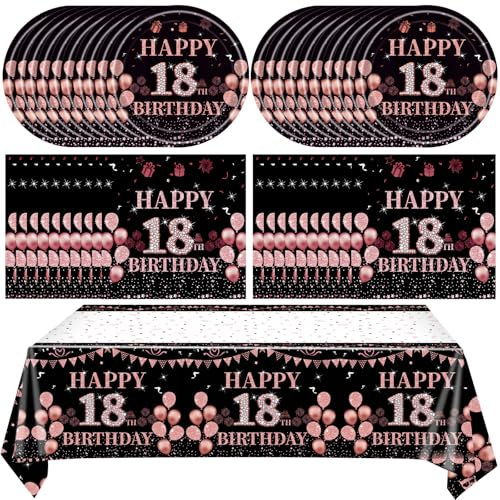 41Pcs 18th Birthday Party Decorations for Girls Her, Rose Gold Birthday Supplies Include 20 Plates 20 Napkins and 1 Tablecloth, Sweet Eighteen Year Old Birthday Party Tableware for Girls Kids Children
