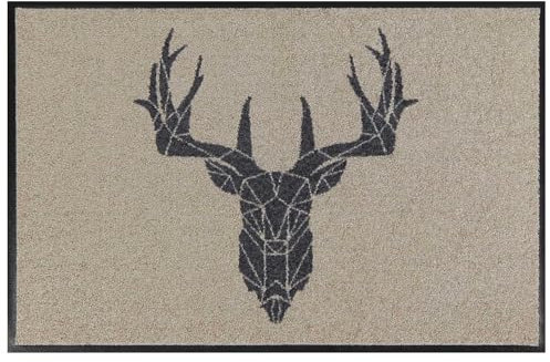 MOCAVI Mat Fußmatte Hirsch waschbar außen & innen beige 45x70cm Sauberlaufmatte Fußabtreter Motiv Country modern hochwertig