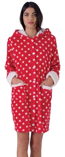 Pigiamiamoci Vestaglia Donna Invernale in Pile Coral Corta Calda e Morbida cappuccio Zip Bottoni Taglie S-XXL (IT, Testo, S, Regular, Regular, ROSSA STELLE 853)
