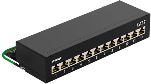 FGB CAT 7 Patchpanel Verteilerfeld 12 Port, 1HE, Schwarz | Tisch/Wandmontage/Desktop, Geschirmt, 12X RJ45 Buchse, LSA Verteilerfeld, für Gigabit-Netzwerk-Switch