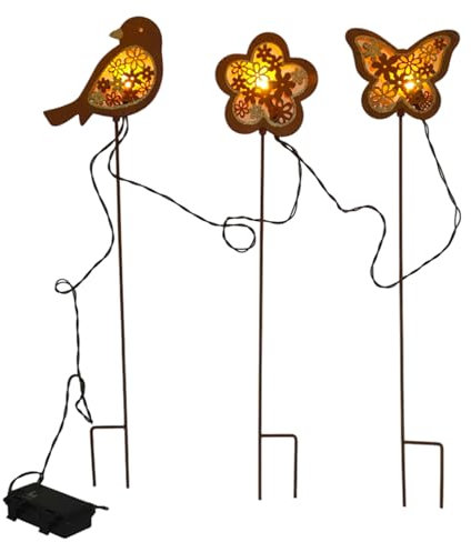 WB wohn trends LED-Gartenstecker 3er Set, Vogel Blume Schmetterling, Batteriefach & Timer, aus Metall Garten-Stecker 46cm hoch