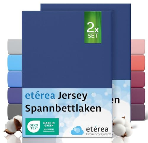 etérea Jersey 2er Set Spannbettlaken 90x200cm - 100x200cm Marine bis 25 cm Höhe - 100% Baumwolle Spannbetttuch Oekotex - Doppelpack Bettlaken 90x200 cm - 100x200 cm - Blau