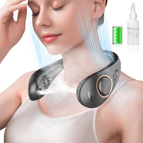 Ventilateur de cou avec brumisateur d'air froid, pliable, 4000 mAh, portable, rechargeable par USB, avec brumisateur, ventilateur de voyage sans pales pour cou autour du cou, noir