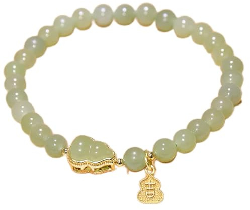 YIHANSS Natural Hetian Jade Armband Feng Shui Lucky Wu Lou/Chinese Fu Charakter Charme Anhänger Runde Nephrite 6 mm Perlenarmband Talisman für Frauen Reichtum Glück Luck Wohlstand Meditation Yoga, Fu