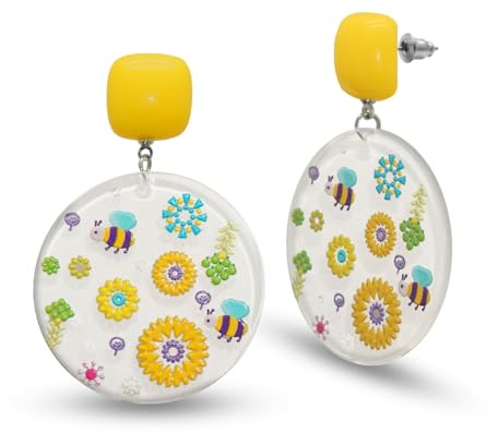 Soul-Cats Sommerliche Ohrhänger Blumen & Bienen leichte Kunststoff-Ohrringe mit buntem Blumenmotiv & gelbem Button fröhlicher Modeschmuck für Damen & Mädchen