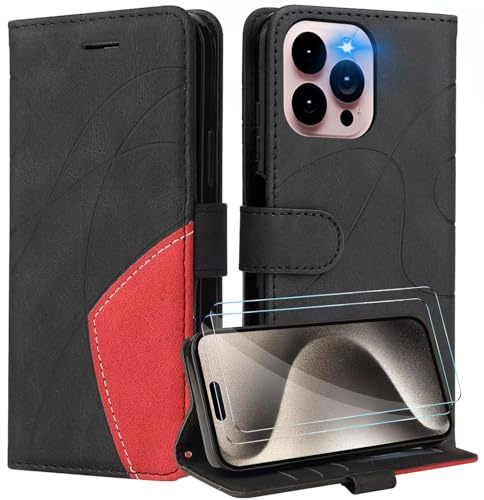 Funda para Realme 5/Realme C3/Realme 6i con Cristal Templado, PU Magnético Carcasa Móvil Billetera Cuero con Tapa Libro Caso Soporte Plegable - Negro