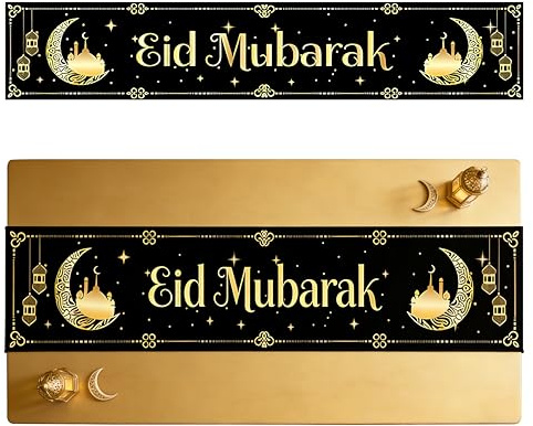 TICKLELY Eleganter Ramadan Tischläufer für den Iftar, 180x35 cm – mit Mond, Sternen & Laternen in Gold und Schwarz – Ideal für das Festmahl während des Ramadan und das Eid-Fest – Umweltfreundliches M