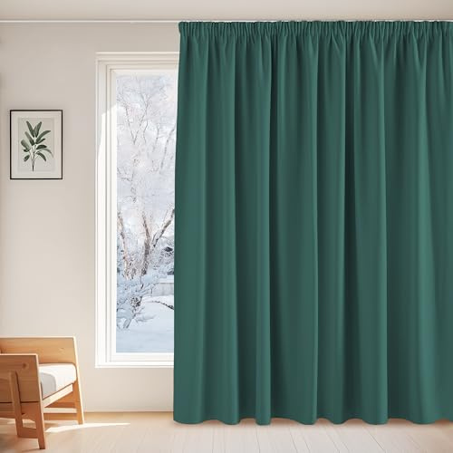 PONY DANCE Vorhang Blickdicht Kräuselband Thermo Gardinen Kälteschutz | 1er Set, H245 x B300 cm, Verdunklungsvorhänge, Extra Breite Gardine Dunkelgrün, für Schiene, für Schlafzimmer Wohnzimmer