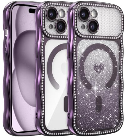 UCASONG for iPhone 14 Plus/15 Plus Magnetic Wave Frame Case, Purple Heart | Compatible with MagSafe, Sparkly Rhinestone Gradient Glitter Card, Aesthetic Wavy Case, Soft TPU Shockproof Protective Cover