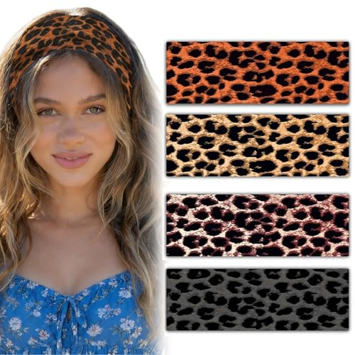 Aribliseza Stirnband Damen, 4 Stück, Haarband Damen & Sport Stirnbänder, Leopard Trendy Cheetah Wide Head Bands, Rutschfest, Elastisch für Workout, Mode Haaraccessoires, Geschenkideen für Frauen