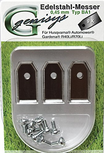 Genisys Kit de lames de rechange pour robot tondeuse Husqvarna Automower/Gardena avec vis (titane ou acier inoxydable, 0,45 mm ou 0,75 mm, kit de 9 ou 90 pièces) 9 Edelstahl (0.75mm)