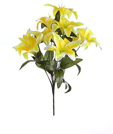 Best Artificial 45cm Stargazer Lillies 10 Head Flower lily Spray Bunch (Yellow)