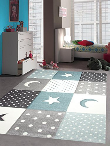 CARPETIA Kinderteppich Spielteppich Babyteppich Junge Stern Mond in blau hellblau türkis Größe 140x200 cm