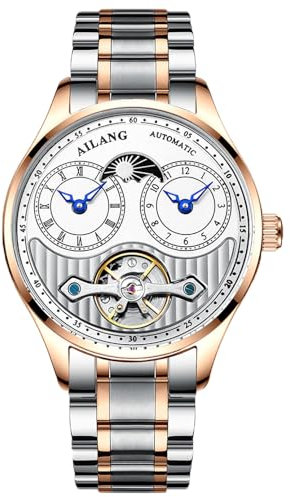 B BINGER Herren Automatik Uhren Dualzeit Clown Mondphase Ailang Serie Männer Armbanduhr (Roségold Weiß)