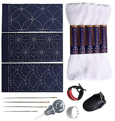 Sashiko kit, Yokota Sashiko Thread, Needles and Template Yume Fukin with Original English Manual, Thimble Sewing Set, Fabric, Japanese Textile (White Thread/Navy Dishcloth)