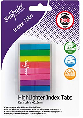 Snopake Index Tab Highlighters Transparent 45 x 8 mm - 160 Tabs - Neon Assorted [Ref: 15846]