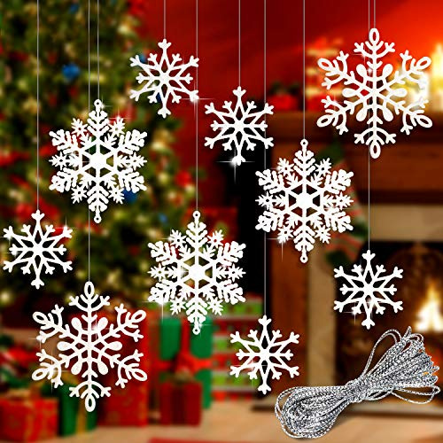 Whaline 40 Adornos de Copo de Nieve de Invierno con Purpurina Blanca, Decoraciones Colgantes de Navidad con Cuerda Plateada de 197 Pulgadas para Boda, cumpleaños, hogar, árbol de Navidad, Ventana,