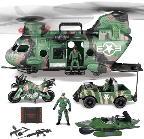 JOYIN 10-in-1 Jumbo Militär-Transporthubschrauber-Spielzeug-Set, einschließlich Hubschrauber mit realistischem Licht und Sound, Militär-LKW, Kajak-Boot, Motorrad, Armee-Männer-Actionfiguren