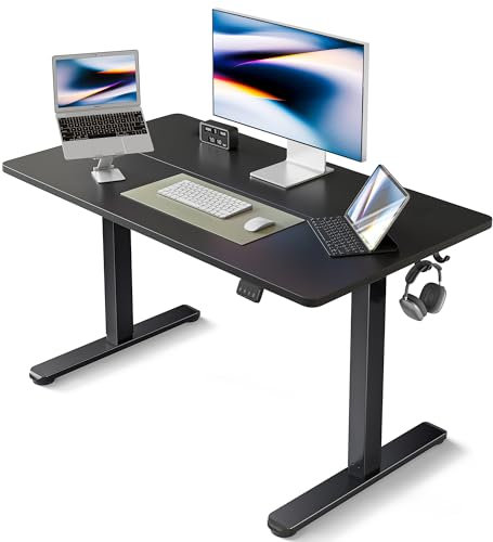 FEZIBO Height Adjustable Electric Standing Desk, 100 * 60 cm Stand up Table, Sit Stand Home Office Desk with Splice Board, Black Frame/Black Top