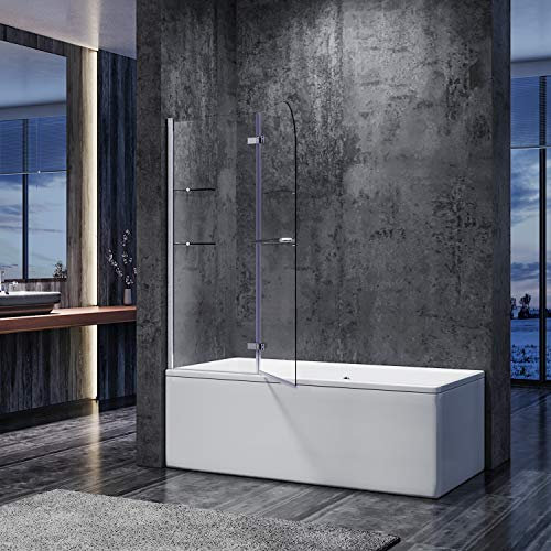 SONNI duschwand für badewanne 2 teilig Spritzschutz badewanne 120x140cm,mit Eckregal 6mm NANO-Klarglas Duschtrennwand badewannenaufsatz