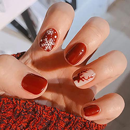 Brishow Noël Faux Ongles Rouge Courts faux ongles Neige Press on Nails Le Wapiti Ballerina Acrylique Fake Nails 24 pièces pour les femmes et les filles (a)